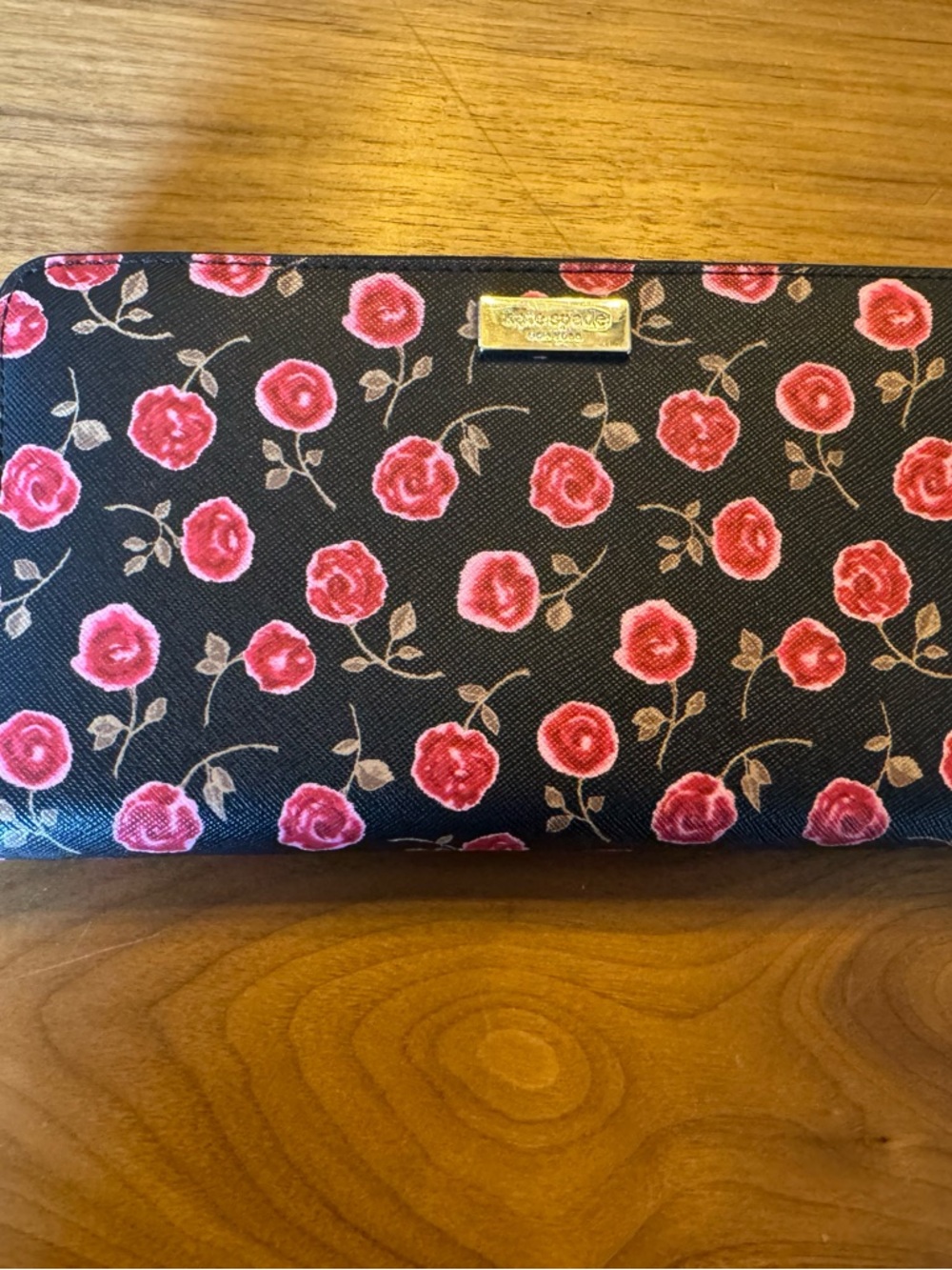 kate spade Black Wallet with Pink Rose Print